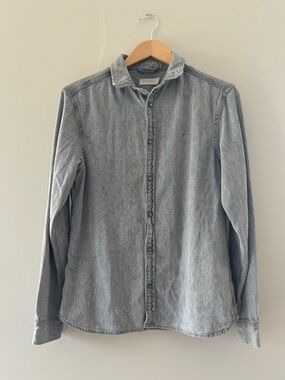 ALLSAINTS Men’s Pearl Snap Gray Button Up Shirt Small Washed Out Cotton Light